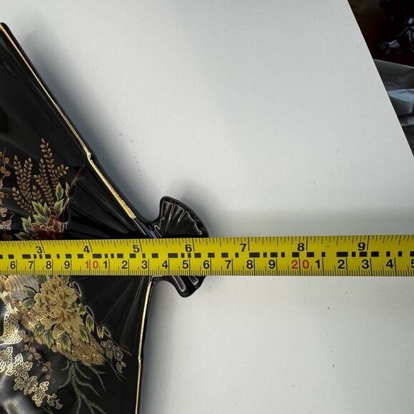 Vintage Fan Peacock And Floral Trinket Dish Japan black gold trim - Picture 4 of 7